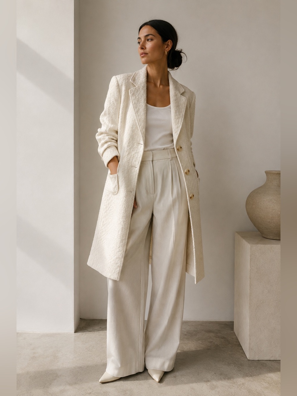 Vintage Silkland 70% Silk Cotton Ivory Textured Longline Coat XL